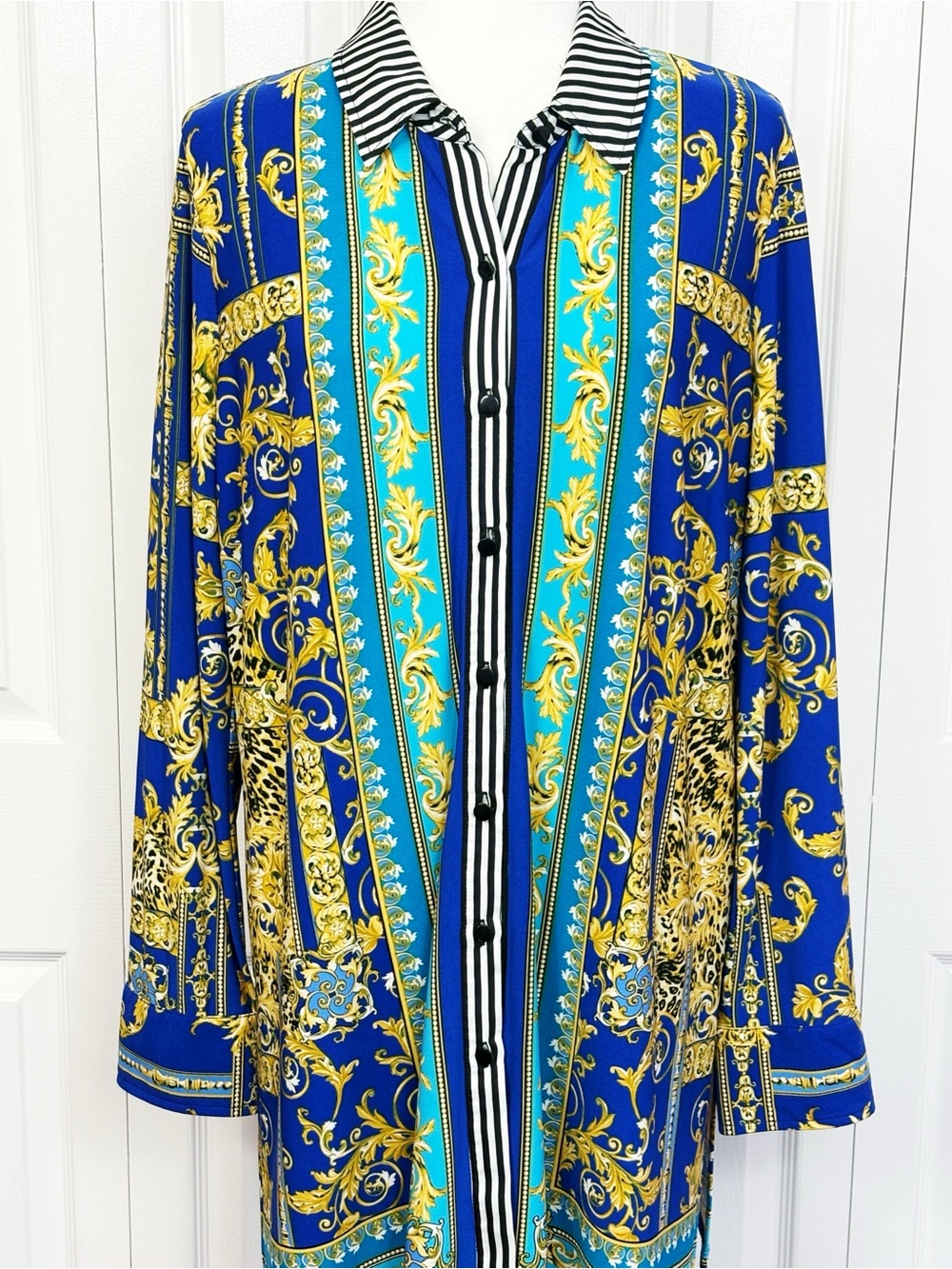 Susan Graver Blue & Gold Print Stripe Trim Button Down Tunic Shirt Large